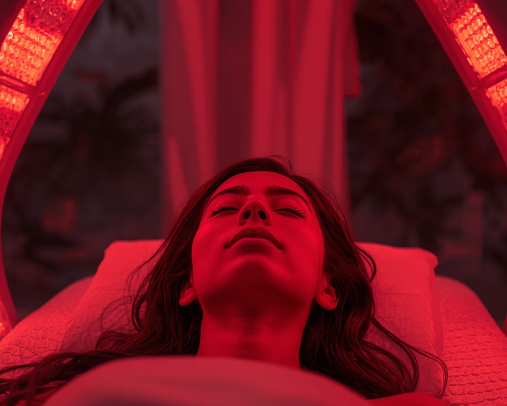 Woman lying on a full-body red light therapy bed