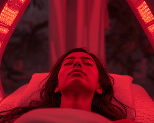 Woman lying on a full-body red light therapy bed