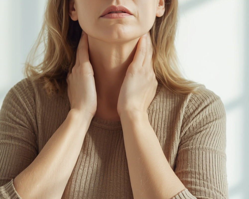 woman holding their thyroid.
