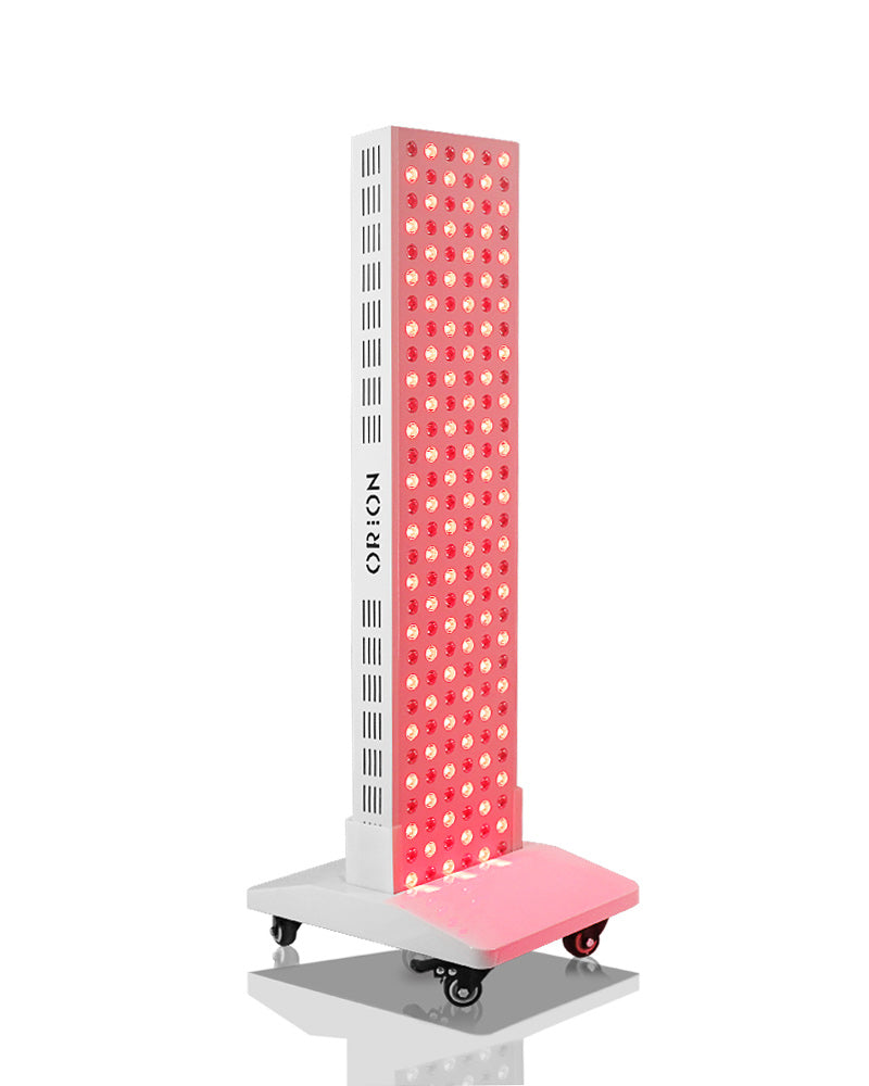 Orion Pro 900 device turned on and on floor stand. Cutting edge and seamless design featuring the synaptic system. Orion Red Light Therapy.